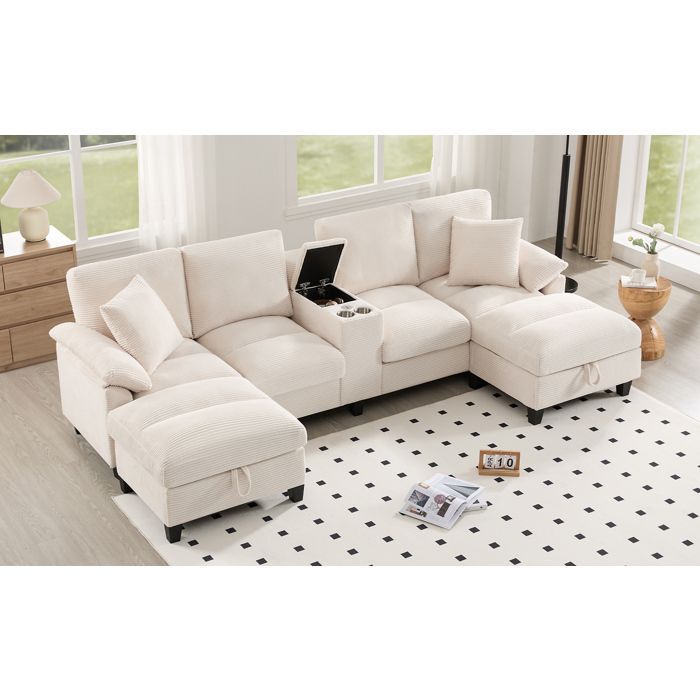 Canapé modulable 4 places canapé en forme de U avec espace de rangement porte-gobelets et deux ports USB velours côtelé beige
