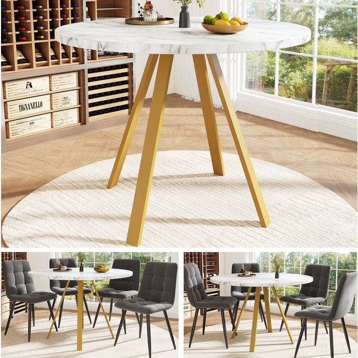 Table de Salle à Manger Ronde 80 × 80 × 75 cm Plateau Effet Marbre Blanc Pieds en Métal Doré 4 Places - UVRION
