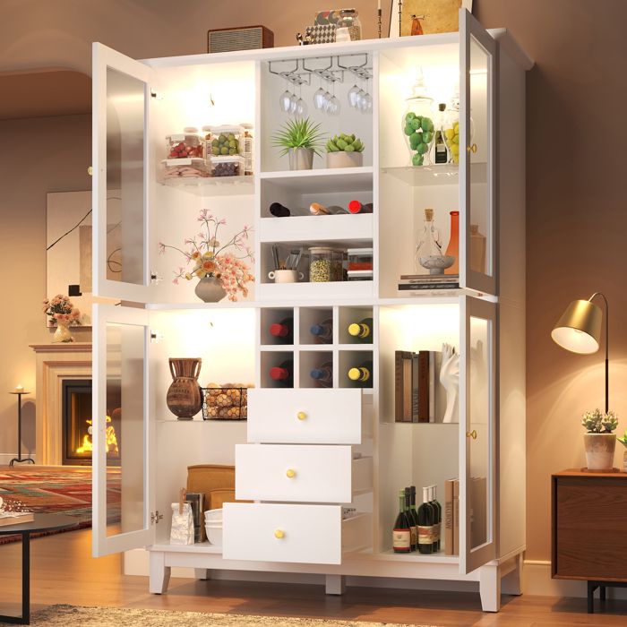 Meuble bar 120x40x180 5 cm - FloraGrace avec LED RGB via USB et application 3 tiroirs et porte-verres réglables - Blanc