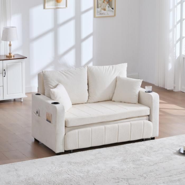 Canapé convertible multifonction lit escamotable accoudoirs avec poche et USB porte‑gobelets pour salon Beige CANAPE