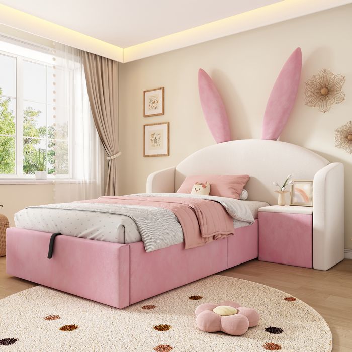 Lit ado coffre 90 x 200 cm beige rose en velours tête oreilles de lapin rangement hydraulique chevet réversible sans matelas