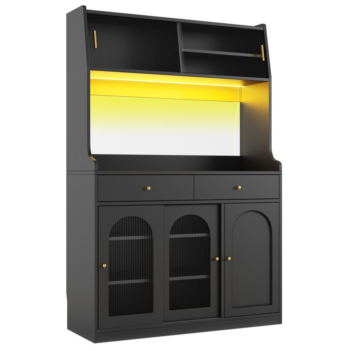 Buffet haut de cuisine – Noir – LED multicolore avec contrôle par application – 2 tiroirs – 120 x 40 x 180 cm