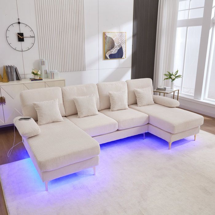 Canapé en U moderne beige LED port USB-C bois massif 4 coussins dossier ergonomique haut de gamme