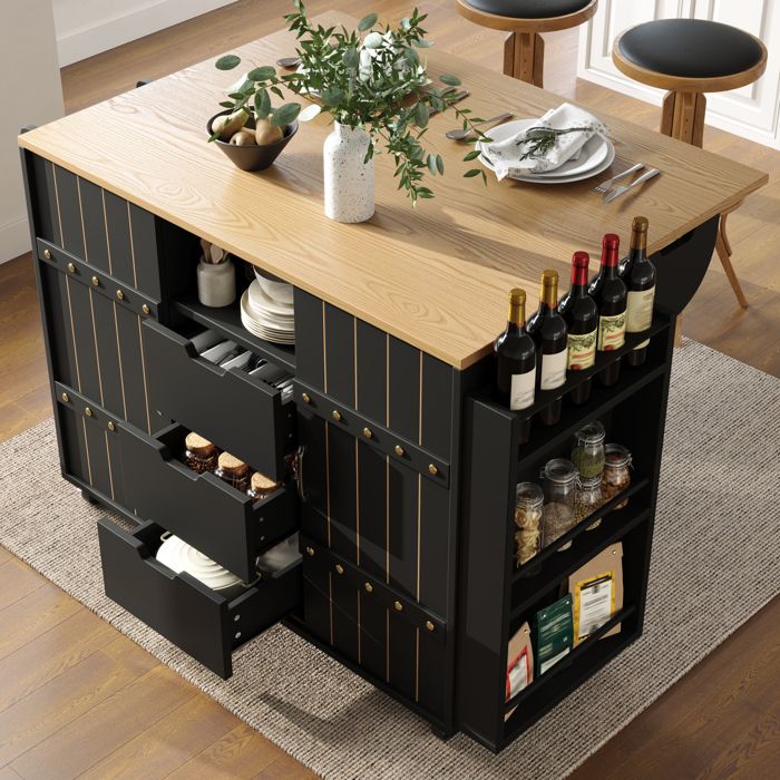 ELVORIN îlot de cuisine 110 x 42 x 90 cm plateau rabattable 3 tiroirs portes coulissantes étagère noir