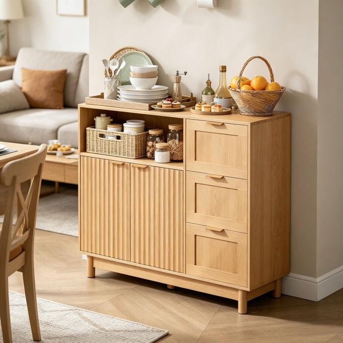 Buffet de Cuisine - 90x80x35cm - Sideboard Bas avec 3 Tiroirs Niche Ouverte Étagère Réglable et Kit Anti-Basculement - Naturel