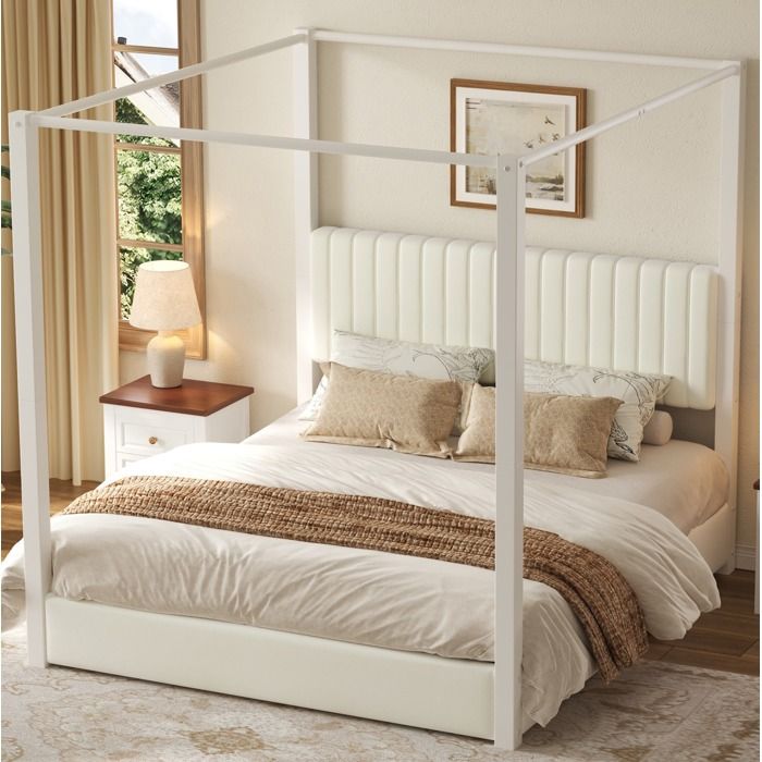 Lit à baldaquin 180 x 200 cm EVRYAE avec tête de lit rembourrée structure métal et MDF beige et blanc