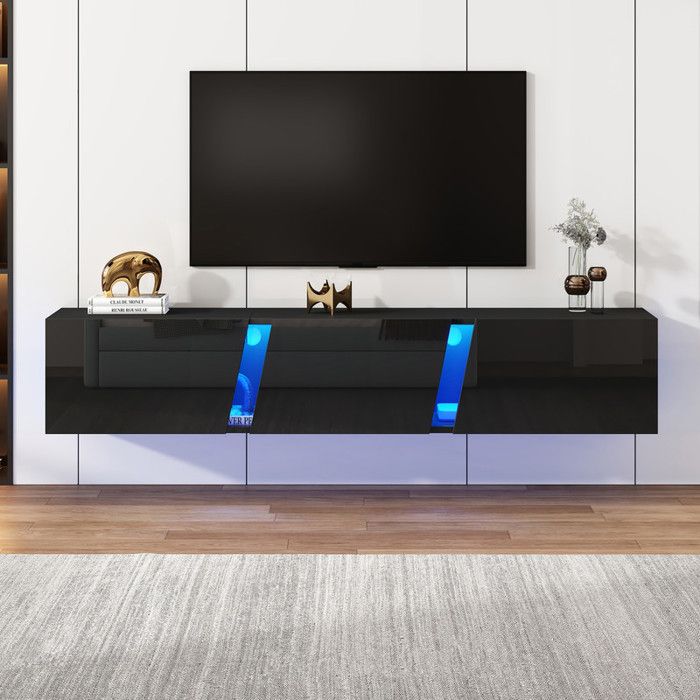 Meuble TV Mural avec lumières LED 180x35x30cm avec 3 portes darmoire pour téléviseur 75 pouces meuble TV haute brillance noir