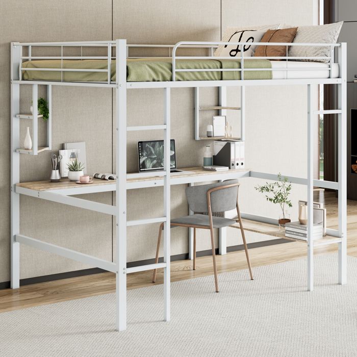 Dimensions 140x200 cm design solide et sécurisé lit mezzanine surélevé avec espaces de rangement avec bureau intégré en fer