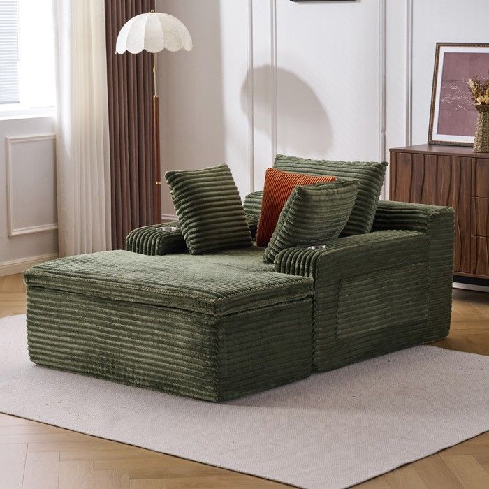 Canapé convertible - MINIMAL - avec méridienne - Velours côtelé vert - 3 places - 3 coussins & couverture Canapé convertible - MINIMAL - avec méridienne - Velours côtelé vert - 3 places - 3 coussins & couverture