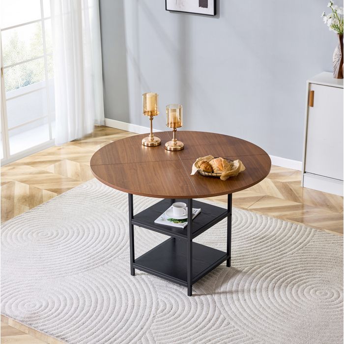 Table à manger ronde 107 cm aspect noyer MDF et métal noir 2 étagères ouvertes hauteur 75 cm