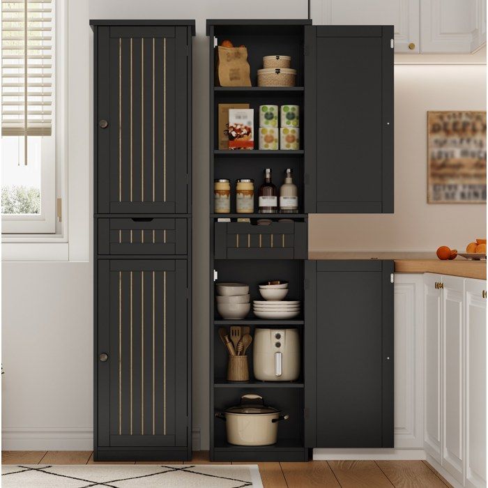 Buffet De Cuisine MDF Noir Armoire Vintage FloraGrace Pour Cuisine Salle A Manger Rangement Ajustable 40x30x170cm