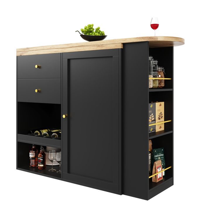 Table de Bar Pivotante avec Rangement Îlot de Cuisine MDF Noir