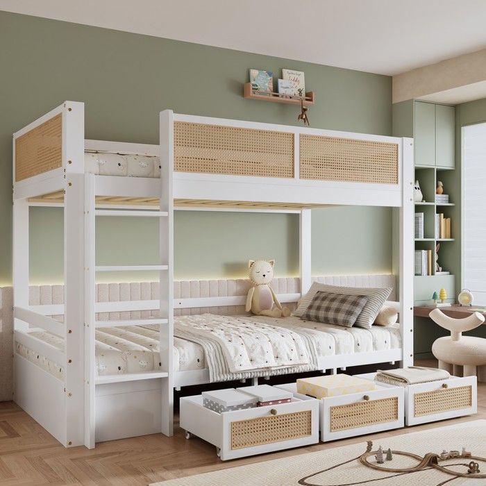 Lit superposé - PAGE LIVING - 90 x 200 cm - Bois blanc/naturel - Sommier à lattes - 3 tiroirs & barrière rotin