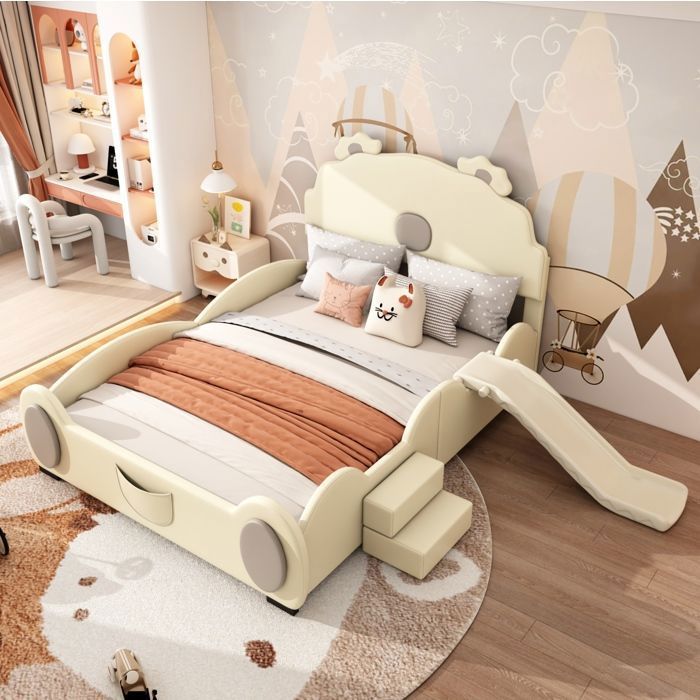 Lit enfant capitonné - SENVIRO - 140 x 200 cm cartoon avec toboggan et échelle PU et MDF beige