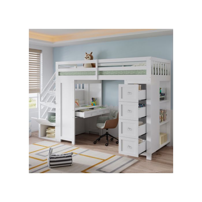 Lit Mezzanine Enfant - WESTYLE - 90x200 Bureau & Rangement - Pin/MDF Blanc - Tiroirs & Étagères
