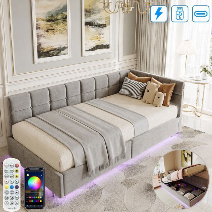 Lit Coffre Enfant 90x200 CM -  Éclairage LED RGB et Charge USB et type C - Rangement hydraulique - Canapé Lit Une Place 1 Personne