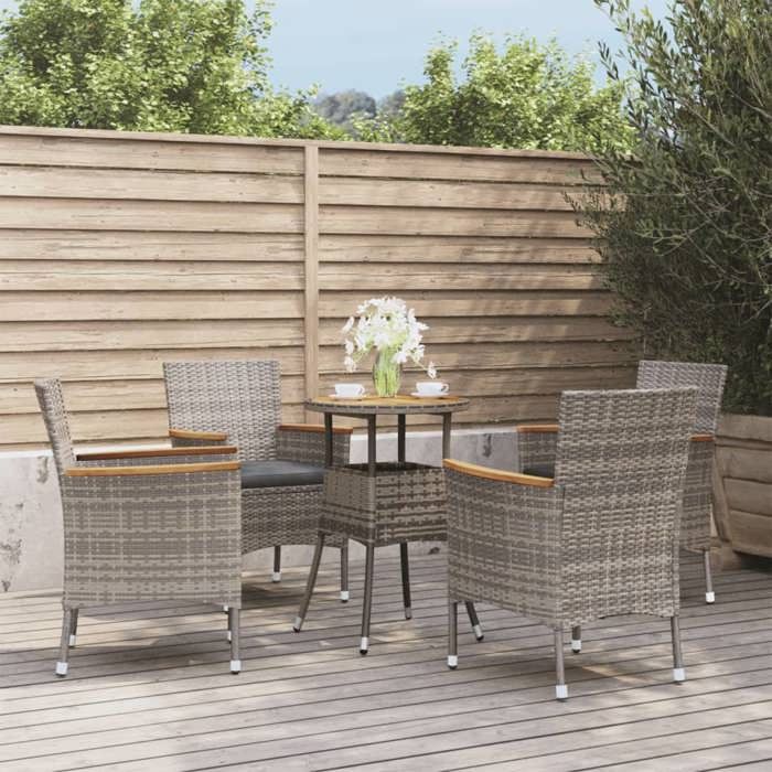 Gris Ensemble de bistro de jardin 5 pcs coussins gris poly rotin - Meuble de balcon LV52270