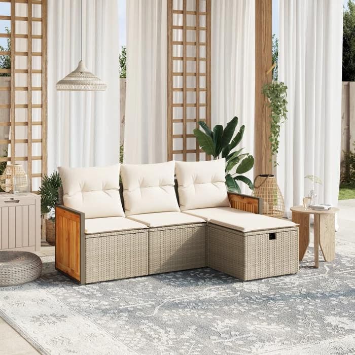 Beige Salon de jardin avec coussins 4 pcs beige résine tressée - Meuble de balcon LV55480