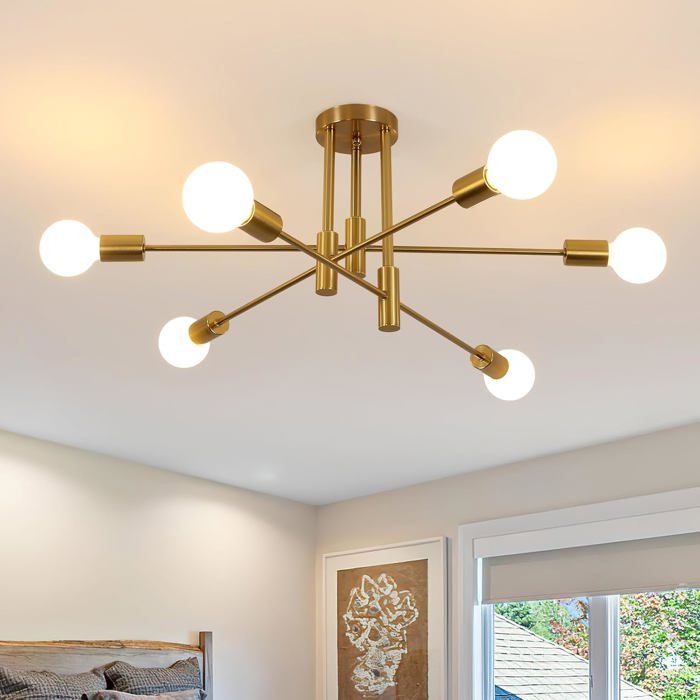 Plafonnier Sputnik Vintage 6 Lumières E27 Lustre Industriel Métal Doré 72cm Chambre Salon Style DIY Ampoule non Incluse