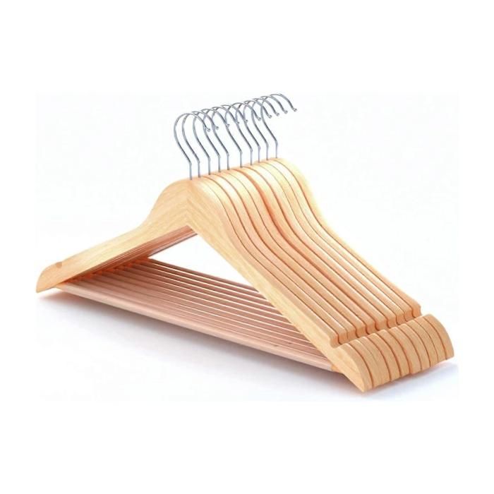 Lot de 10 cintres en bois 38 cm avec barre antidérapante pour pantalons finition naturelle