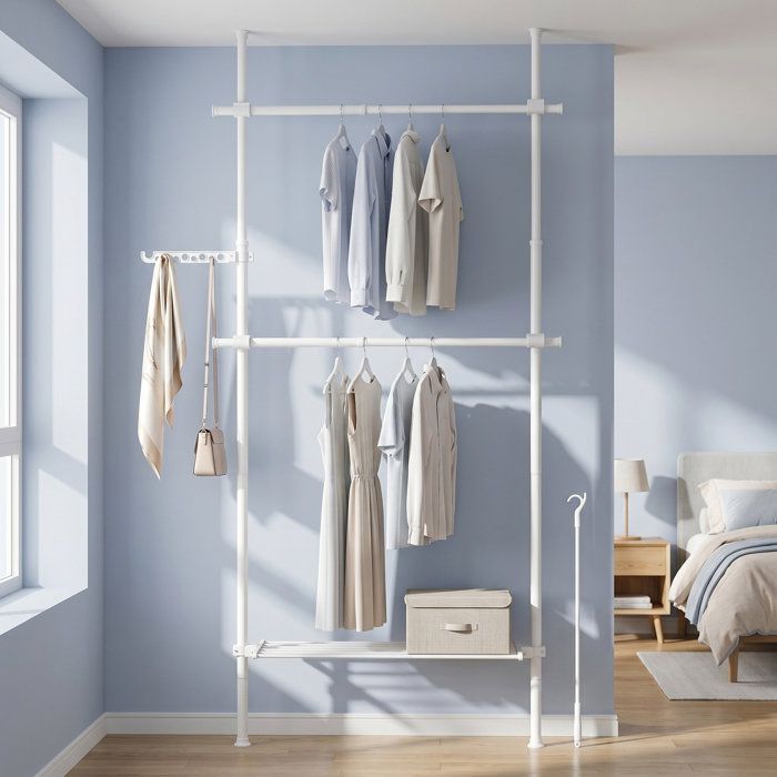 Portant à vêtements 3 niveaux réglable en hauteur et en largeur penderie ouverte avec 2 tringles 1 étagère blanc mat
