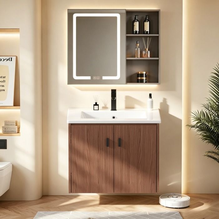 Meuble de Salle de Bain 60 cm Rouge Brun Armoire de Rangement 2 Portes à Fermeture Douce