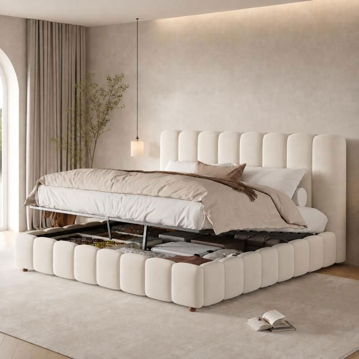 Lit Coffre 160x200 - en Velours Beige - avec Tête de Lit Rembourrée et Grand Rangement - Lit Double Adult Lit Coffre 160x200 - en Velours Beige - avec Tête de Lit Rembourrée et Grand Rangement - Lit Double Adult