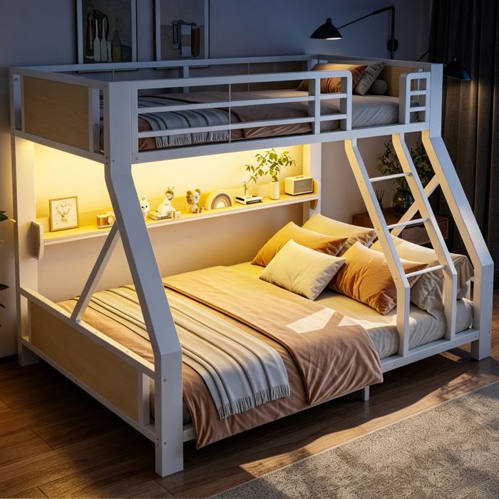 Lit superposé enfant métal 2/3 places 90/140×200 cm Lit triple Lit simple double avec éclairage LED étagère de rangement blanc