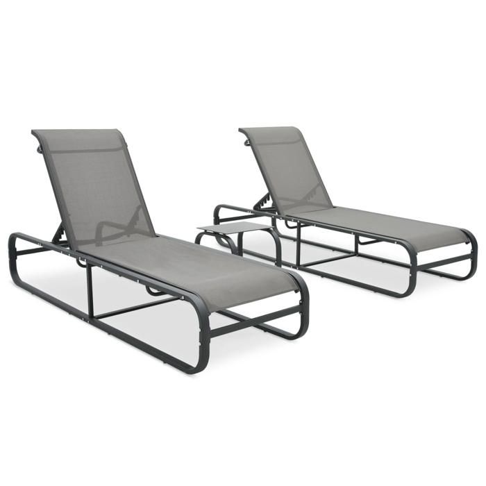 Lot de 2 transats chaise longue bain de soleil lit de jardin terrasse meuble d exterieur avec table textilene et alumini