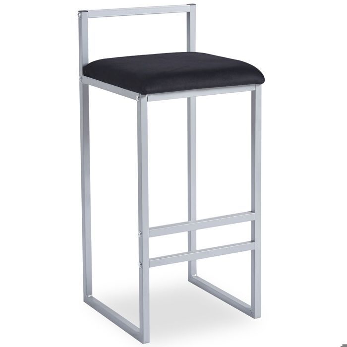 MENZZO Tabouret de bar en métal Drakkar Argent et Velours Noir