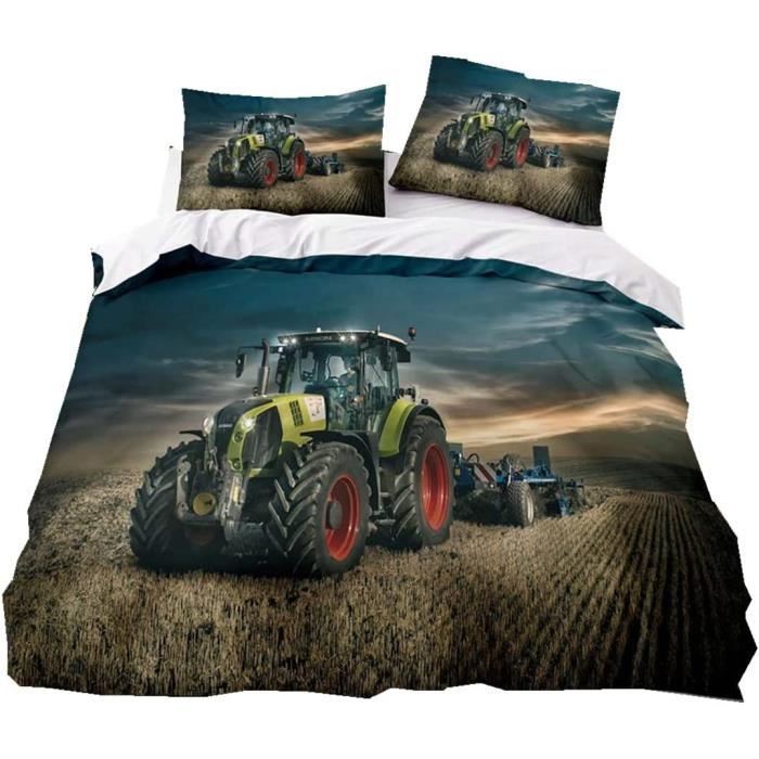 Parure de Lit Enfant Tracteur Housse de Couette Noir Gris Vert Camion