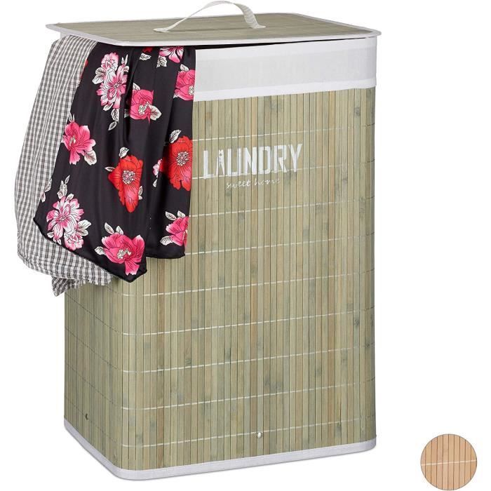 Panier à Linge en Bambou Naturel Inclinable de 68 L avec Bac en Tissu Amovible et Pliable Etagère Supérieure Panier à Linge Naturel