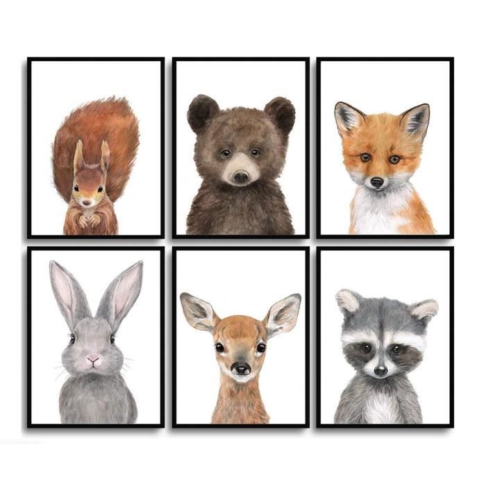 Lot de 6 posters décoratifs pour chambre d'enfant Animaux de la forêt
