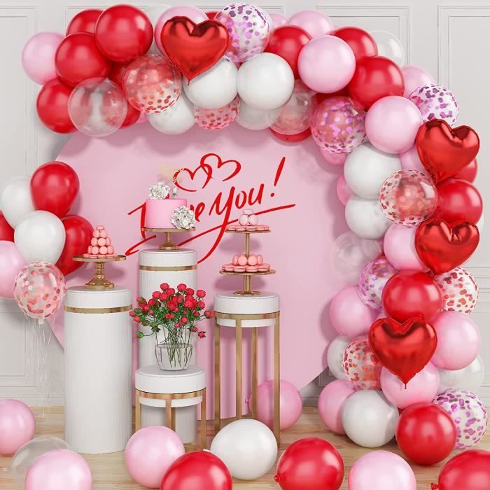 guirlande de ballons rose, rouge, rose et blanc - kit de saint valentin  avec ballon en forme de cœur - rose romantique rouge [A446]