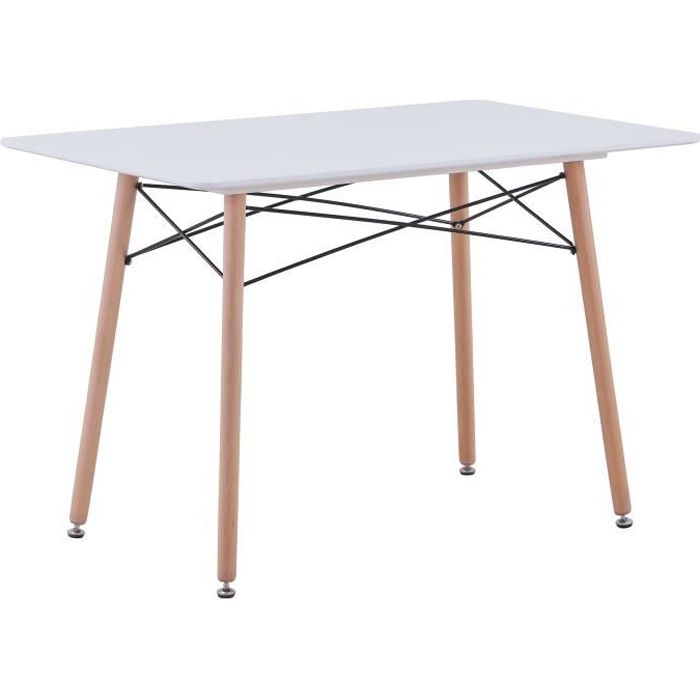 BenyLed Table de Cuisine Rectangulaire Moderne avec Pieds en Bois de Hêtre et Structure en Métal, Table D'appoint Scandinave, Blanc