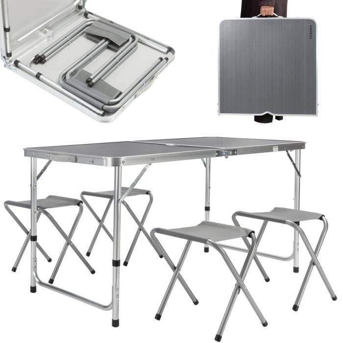 Table de Camping XXL 4 chaises pliables gris Aluminium MDF poignée