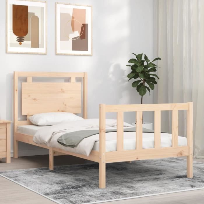 cadre de lit avec tête de lit en bois massif - drfeify - 90x190 cm - blanc - a lattes - campagne
