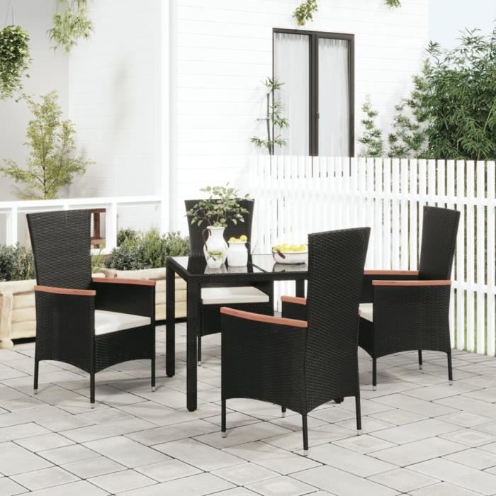 chaise de jardin - famirosa - résine tressée noir - lot de 4 avec coussins