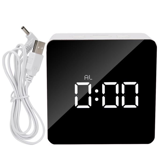 Réveil LED Miroir Rectangulaire - Horloge Numérique De Bureau - Alimentation Piles Ou USB - Pour Chambre Et Salon