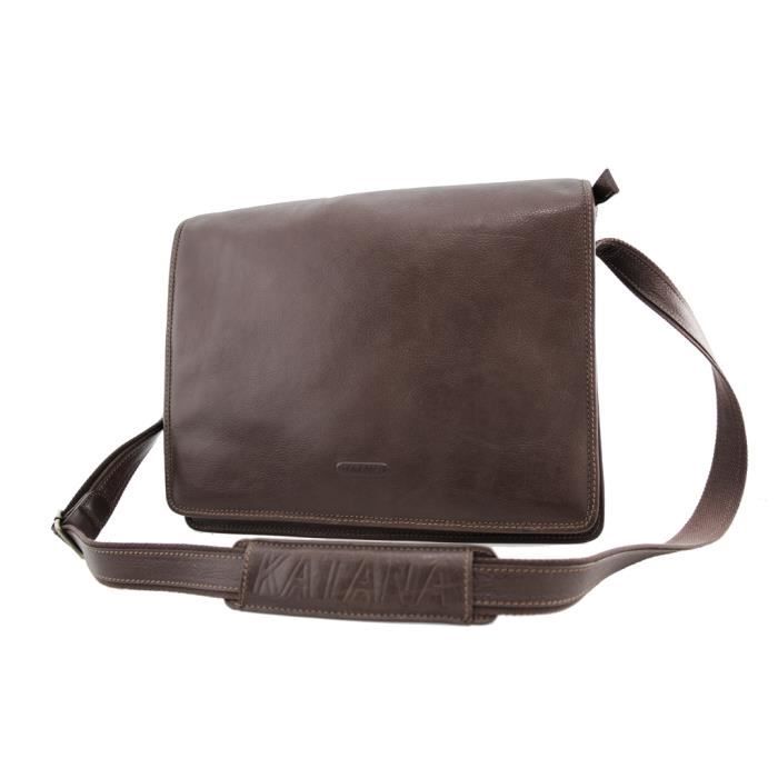 Besace Homme KATANA En Cuir De Vachette Gras - Chocolat, Dimensions 37x28x11cm, Neuf Avec étiquettes