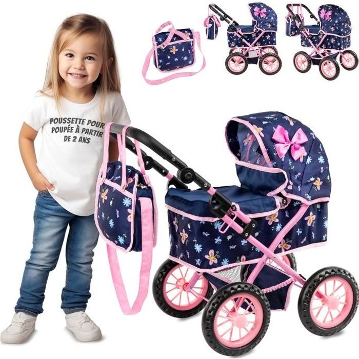 Poussette Poupee Kinderplay - Poussette Landeau Bebe pour Poupée - Poignée Réglable - Roues en Mousse