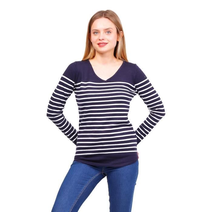 Pull femme de style marin Pull col en V Manches longues Ray