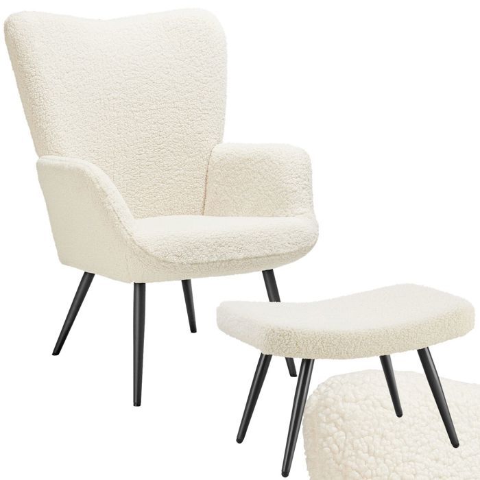 Chaise - TECTAKE - Fauteuil HYGGE en acier et polyester à laspect bouclé avec tabouret 72 x 76 x 100 5 cm - Crème/Noir Chaise - TECTAKE - Fauteuil HYGGE en acier et polyester à laspect bouclé avec tabouret 72 x 76 x 100 5 cm - Crème/Noir