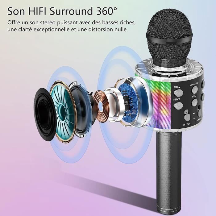 Ambesty Microphone Karaoké sans Fil Bluetooth avec Lumière LED Multi Couleur, Microphone Karaoke pour Enfants/Adultes Chanter Club Noël Anniversaire Soiree Famille Youtube Live, Idée Cadeau (Noir