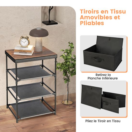 COSTWAY Lot de 2 Commode 3 Tiroirs en Tissu 40 x 30 x 62 cm, Table de Chevet avec Cadre en Métal, pour Chambre, Industriel, Noir - Maison