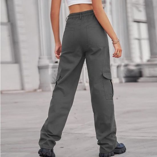 Pantalon Lin Femme Été Taille Haute – Jambe Large Fluide, Élastique Et Poches, Style Décontracté Cargo Chic