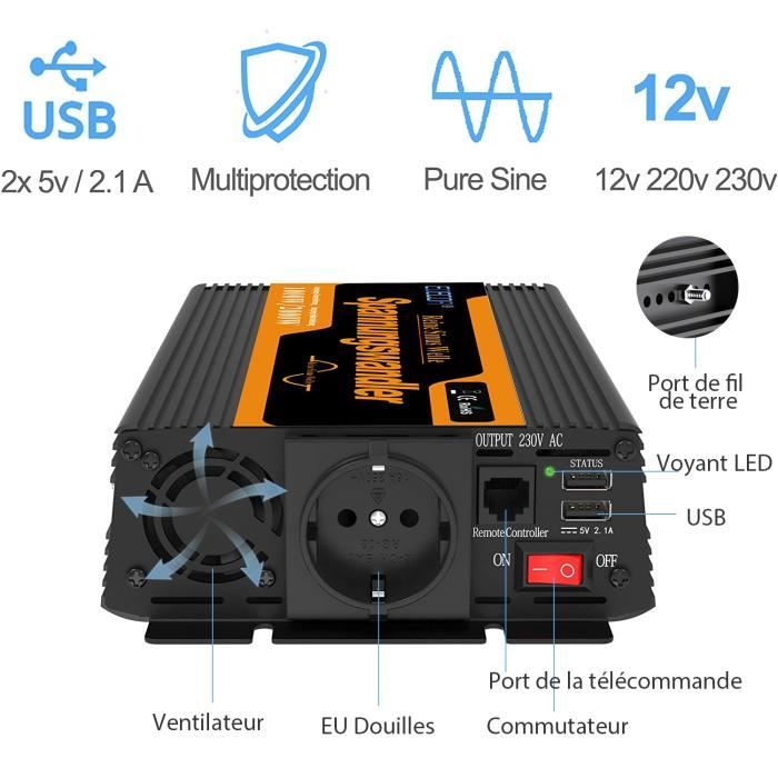 Convertisseur Transformateur 12V En 220V 1000W / 2000W / USB