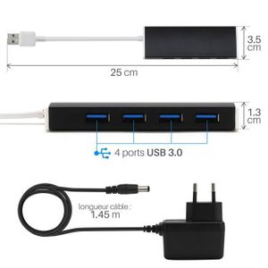 Hub USB 3.0 RSHTECH 10 Ports Alimenté Aluminium 36W Avec Alimentation 12V/3A, Commutateurs Individuels Et LED