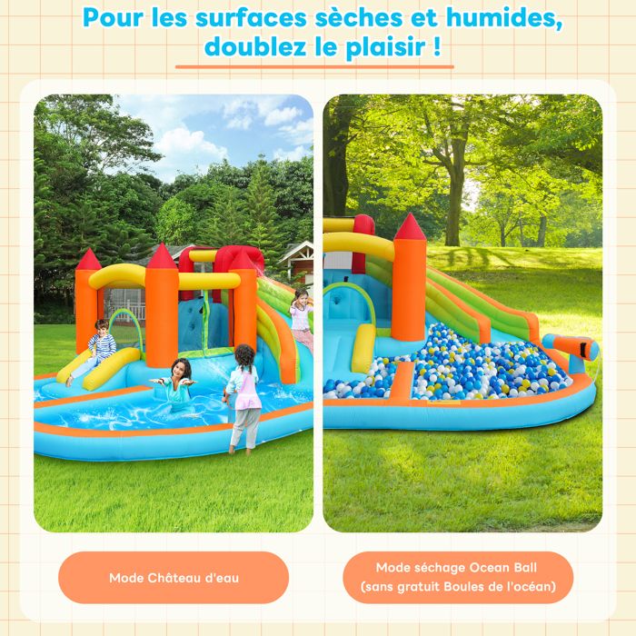 LIFEZEAL Château Gonflable 2 Toboggans – 383x313x182 Cm, 120 Kg, Mur Escalade, Trampoline, Filet, Avec Souffleur
