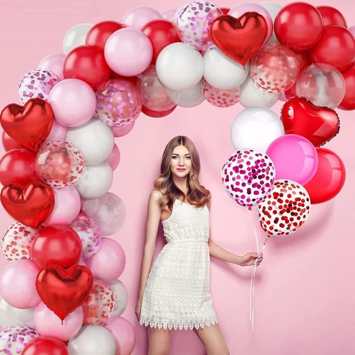 guirlande de ballons rose, rouge, rose et blanc - kit de saint valentin  avec ballon en forme de cœur - rose romantique rouge [A446]